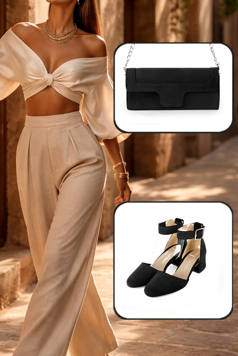 Dress heels closed-back ankle strap in matt black leather with low flare heels and round toe - Worn view